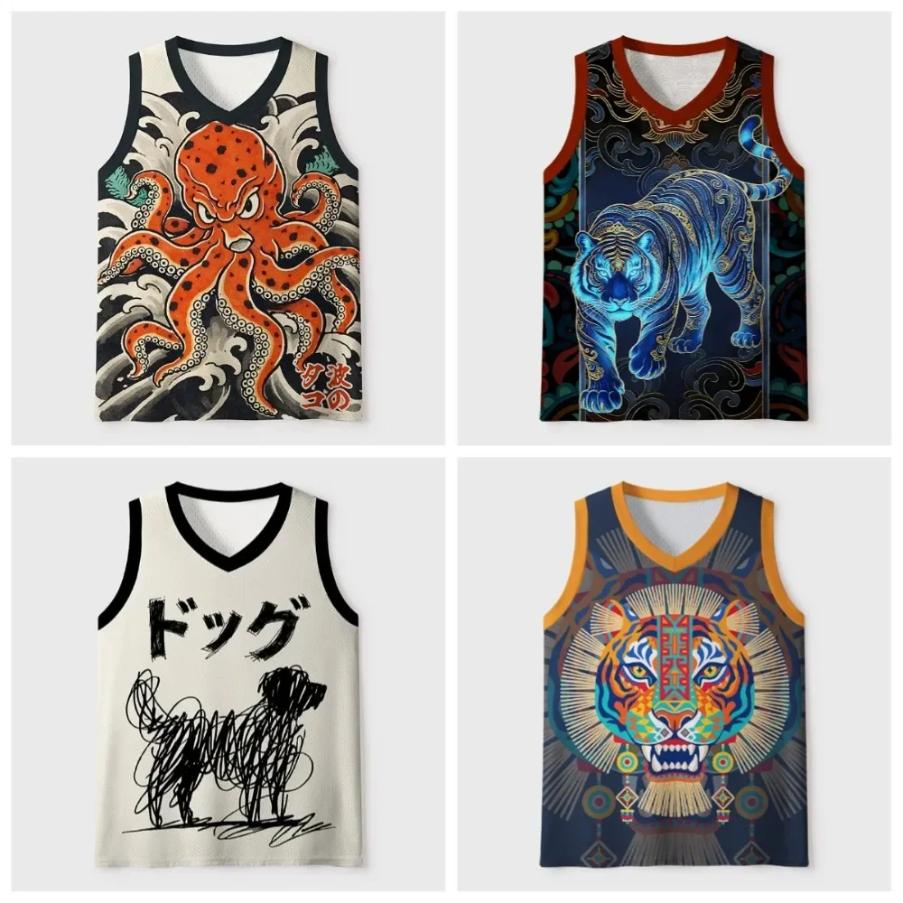 Ukiyo-e Wave Red Octopus Pattern 3D Print Men's Vneck Large-size Vest Casual Street Fashion Outdoor Breath Quick-dry Sports Vest