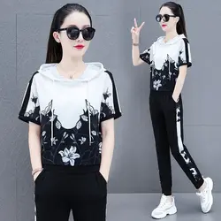 Leisure Sports Women's Set 2024 New Summer Hooded Belly Covering T-shirt+casual Cropped Pants Two-piece Sports Set for Women