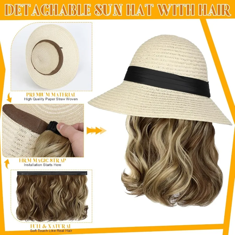Sonnenhut mit Haarverlängerungen für Damen, Sommer: faltbarer Strandhut aus Stroh mit breiter Krempe und befestigtem 9-Wellen-Synthetik-Haarteil UPF