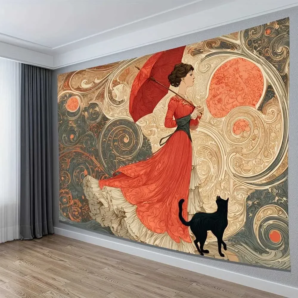 Vintage Art Deco Woman with Red Parasol Wall Mural Poster Bohemian Retro Style Home Decor Canvas Print