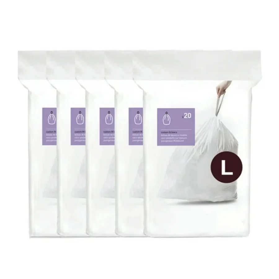 L Bolsas de basura con cordón de ajuste personalizado en paquetes dispensadores, 100 unidades, 18 litros / 4,7 galones, blanco