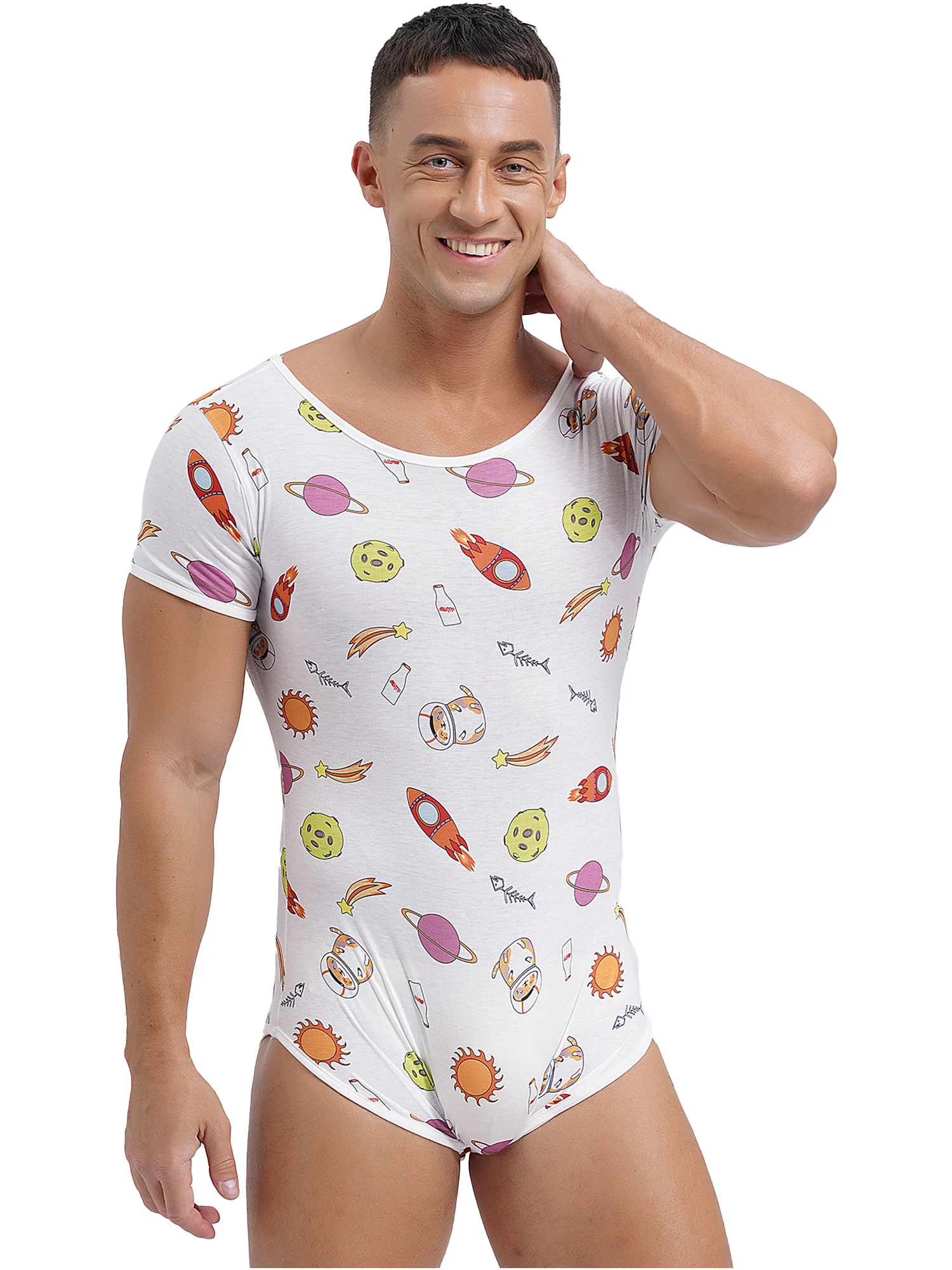 

Men Adults Cartoon Print Romper One Piece Lingerie Buttons Crotch T-shirt Bodysuit Short Sleeves Pajamas Underwear Sleepwear