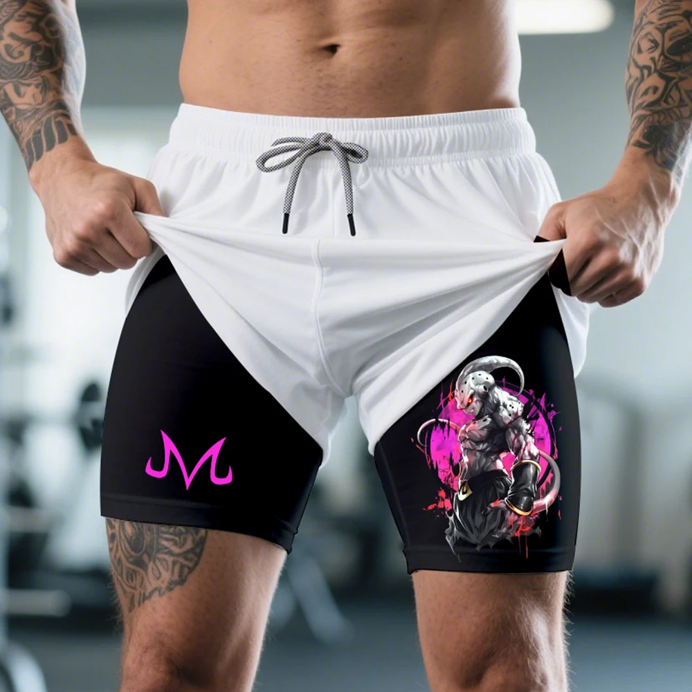 

Men's Black and White Split Training Shorts with Pink M Logo Left Thigh Right Leg Anime Warrior Graphic Adjustable Gray