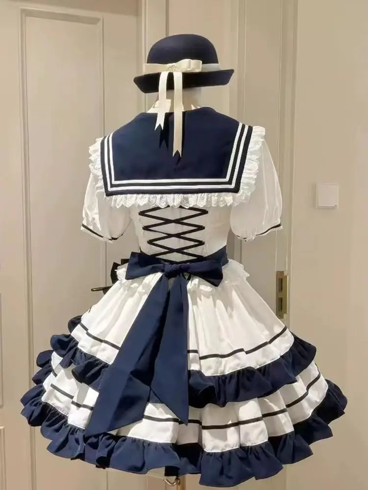 Sweet Cute Girl Navy Collar Short Sleeve Set Japanese Kawaii Lolita Style Lace Bow Dress Sets Sailor Collar Princess Party Dress image 6