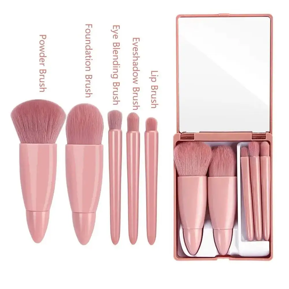 Kit de pinceaux de maquillage de voyage portables avec étui miroir, fard à joues, Jules, fard à barrage, mini outils de beauté, ensemble de 5 pièces