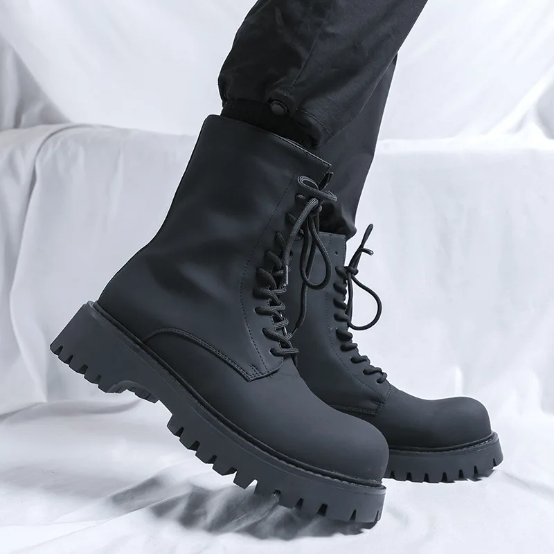 

men's casual punk stage high motorcycle boots lace-up genuine leather shoes cowboy platform boot big toe long knight botas male