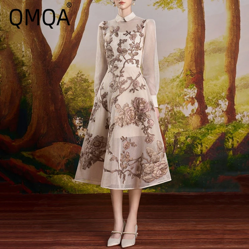 QMQA Fashion Women's Elegant Dress Lapel Lace Flower Embroidery A-line Hollow Out Evening Party Dresses 2025 Spring New QM264