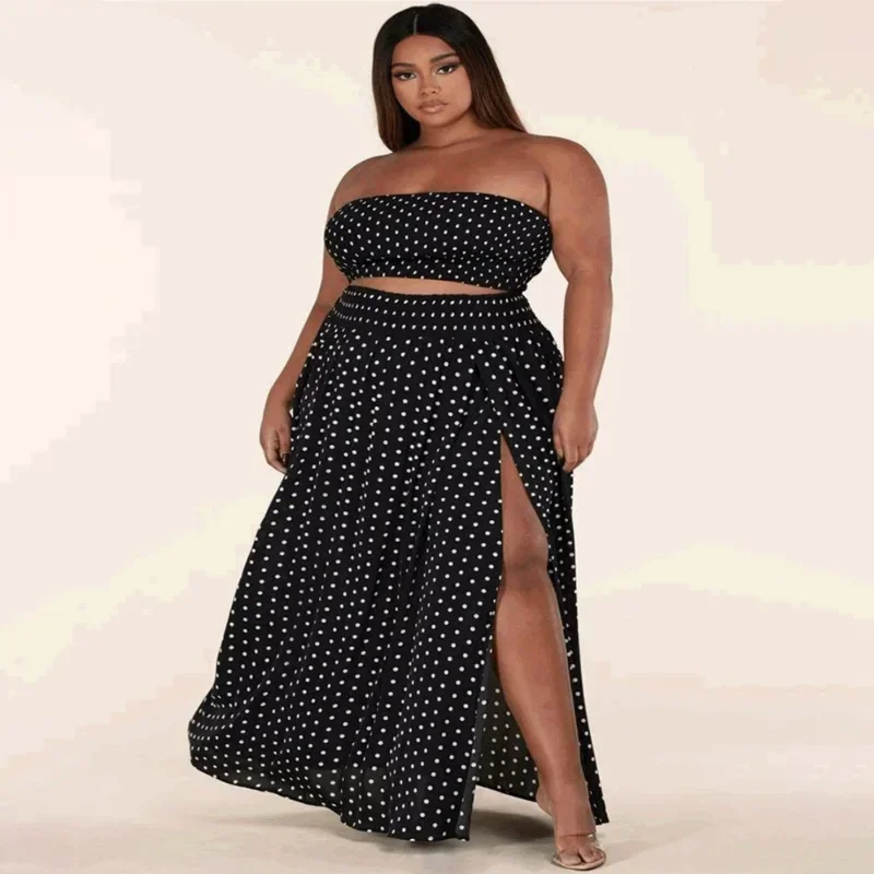 

GUWU Dot Print Strapless Crop Tops Long Loose Skirts Women Plus Size Set Fashion Outfit Summer Sexy Party Two 2 Piece Sets