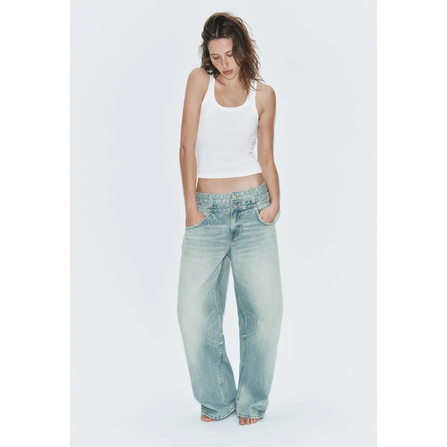 New Spring Summer Women's Casual Long Style Decorative Double Layer mid Waist Straight Leg Jeans Polyester Fiber Button Closure
