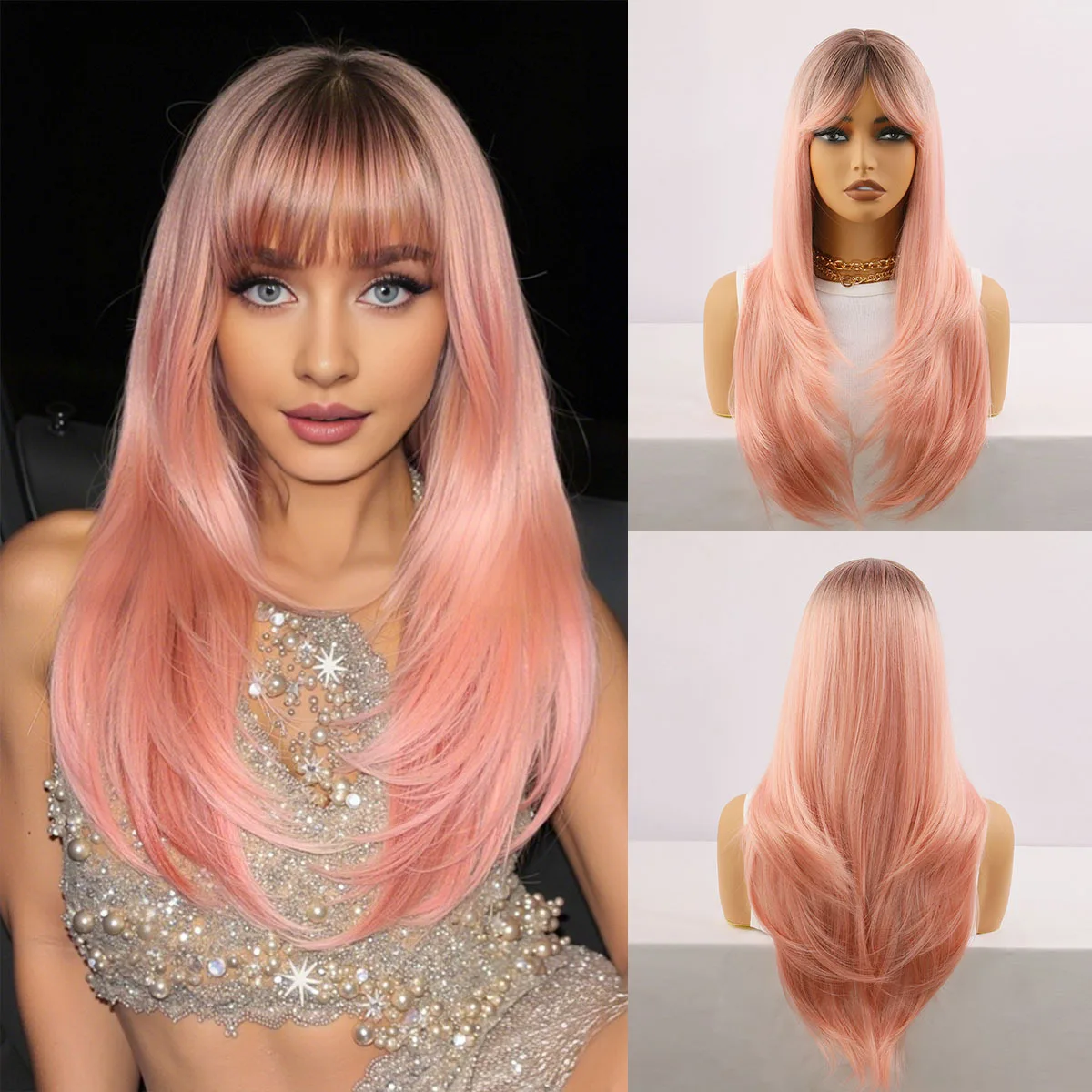 

Long Layered Straight Wig with Bangs Synthetic Hair Wig for Women with Wig Cap (Brown Root Ombre Blonde