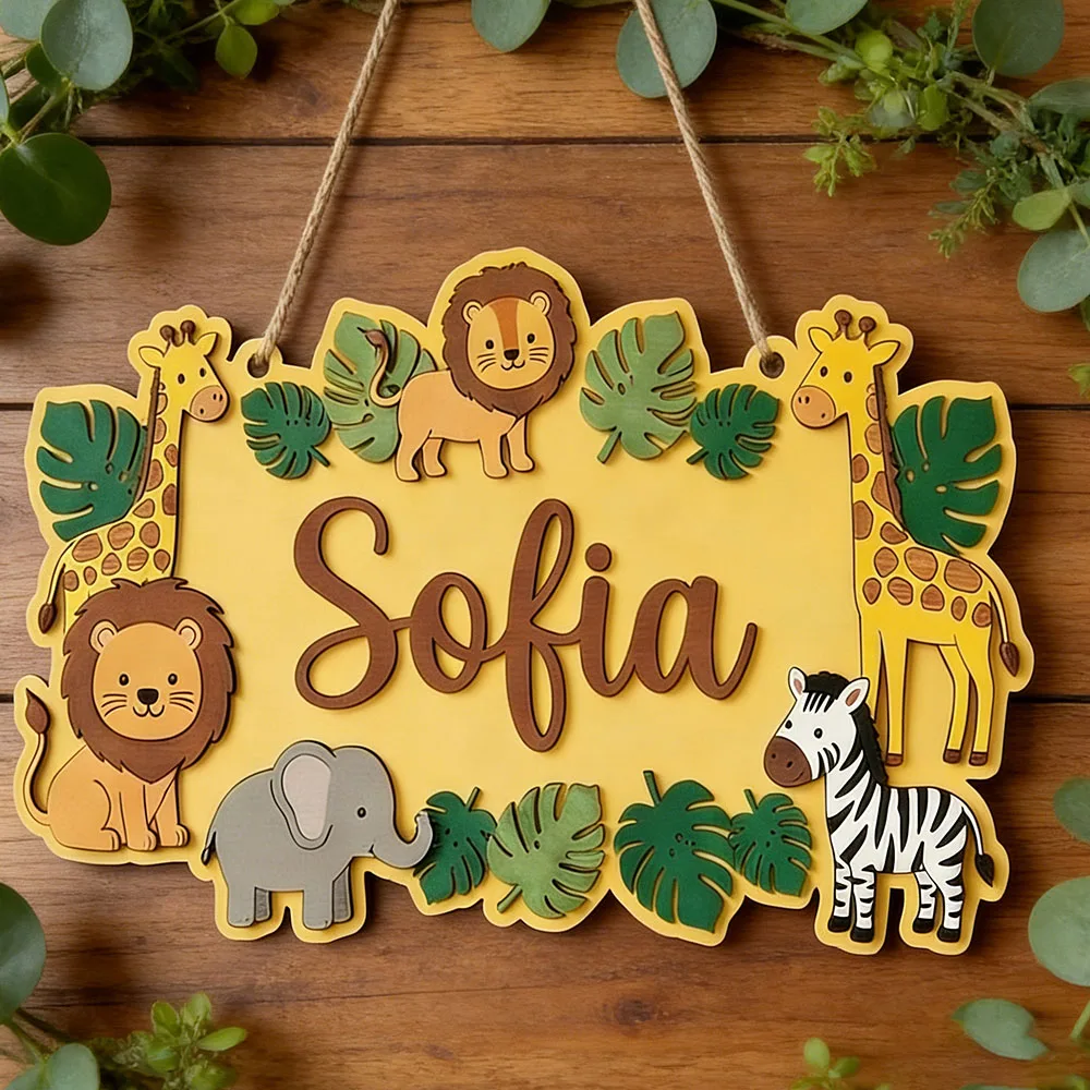 Personalized Safari Name Sign, Cute Yellow Jungle Wooden Nursery Decor, Lion Giraffe Door Plaque, Unique Animal Lover Gift