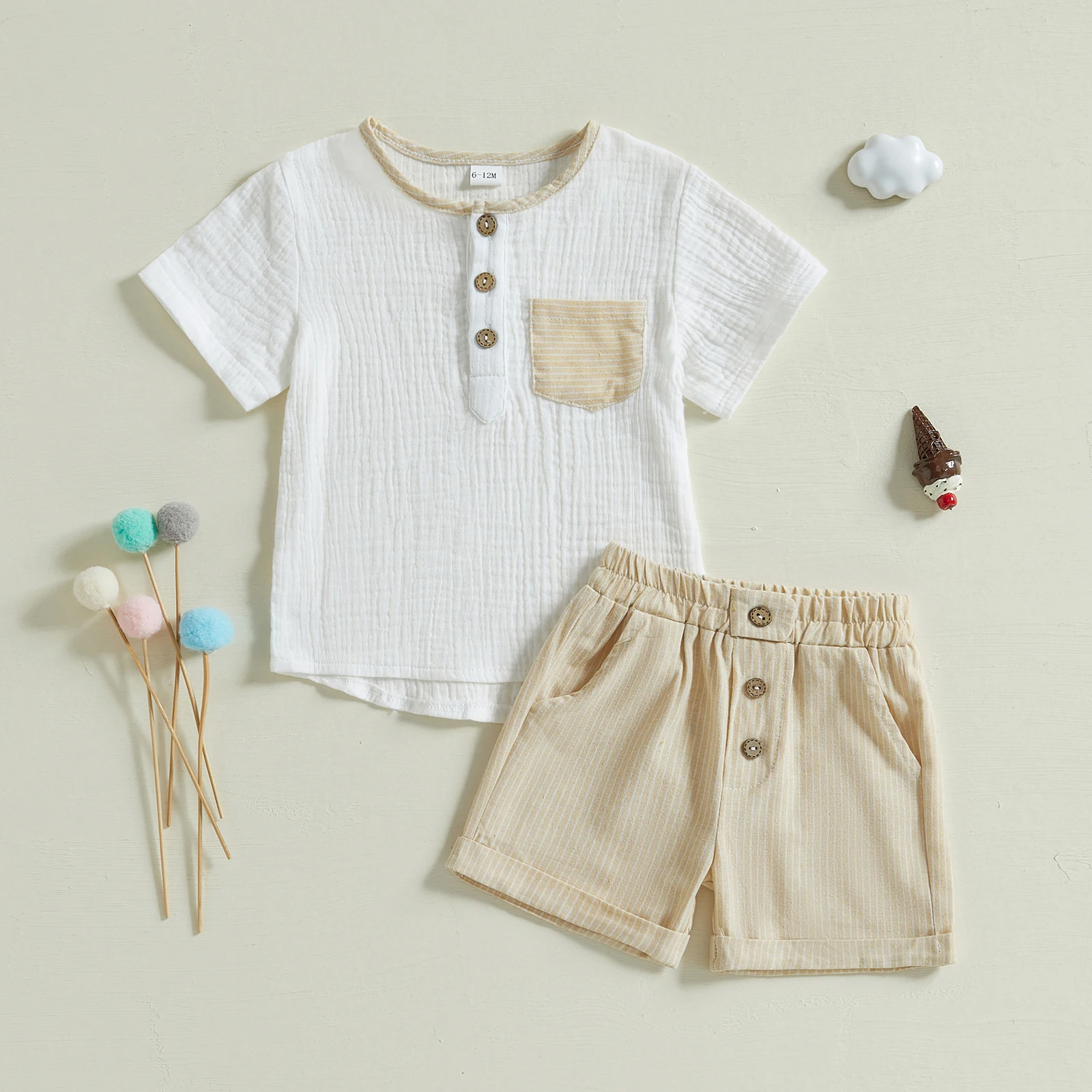 Infant Boys T-shirt with Striped Shorts Shorts 2pcs Clothing Set Casual Short Sleeve Linen Tracksuits Children Summer Outfit