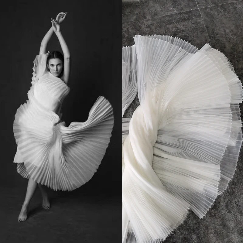 

Accordion Pleated Organza Fabric By The Meter for Gown Dress Creative Styling Diy Sewing Designer Cloth Textile Transparent Soft