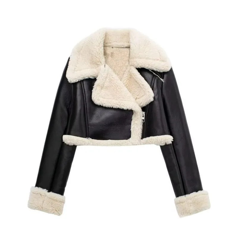 Women's Cropped Leather Jacket Coat Black Wool Blends Coats Bomber Tweed Jacket Autumn Winter Leather Fur Crop Jacket