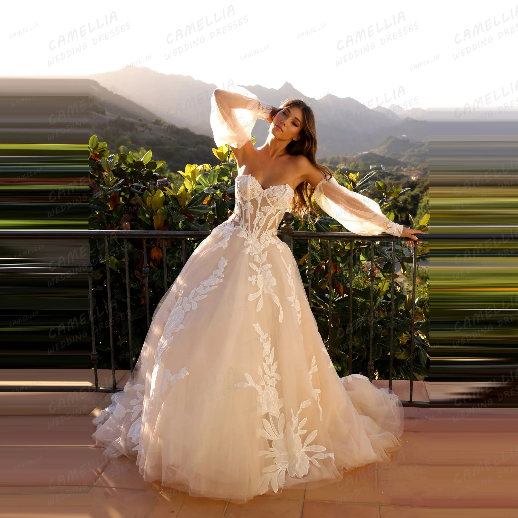 فساتين زفاف فاخرة بدون أكتاف للنساء على شكل حرف A مزينة بفساتين الزفاف بأكمام طويلة على شكل قلب فيستدوس دي نوفيا حسب الطلب