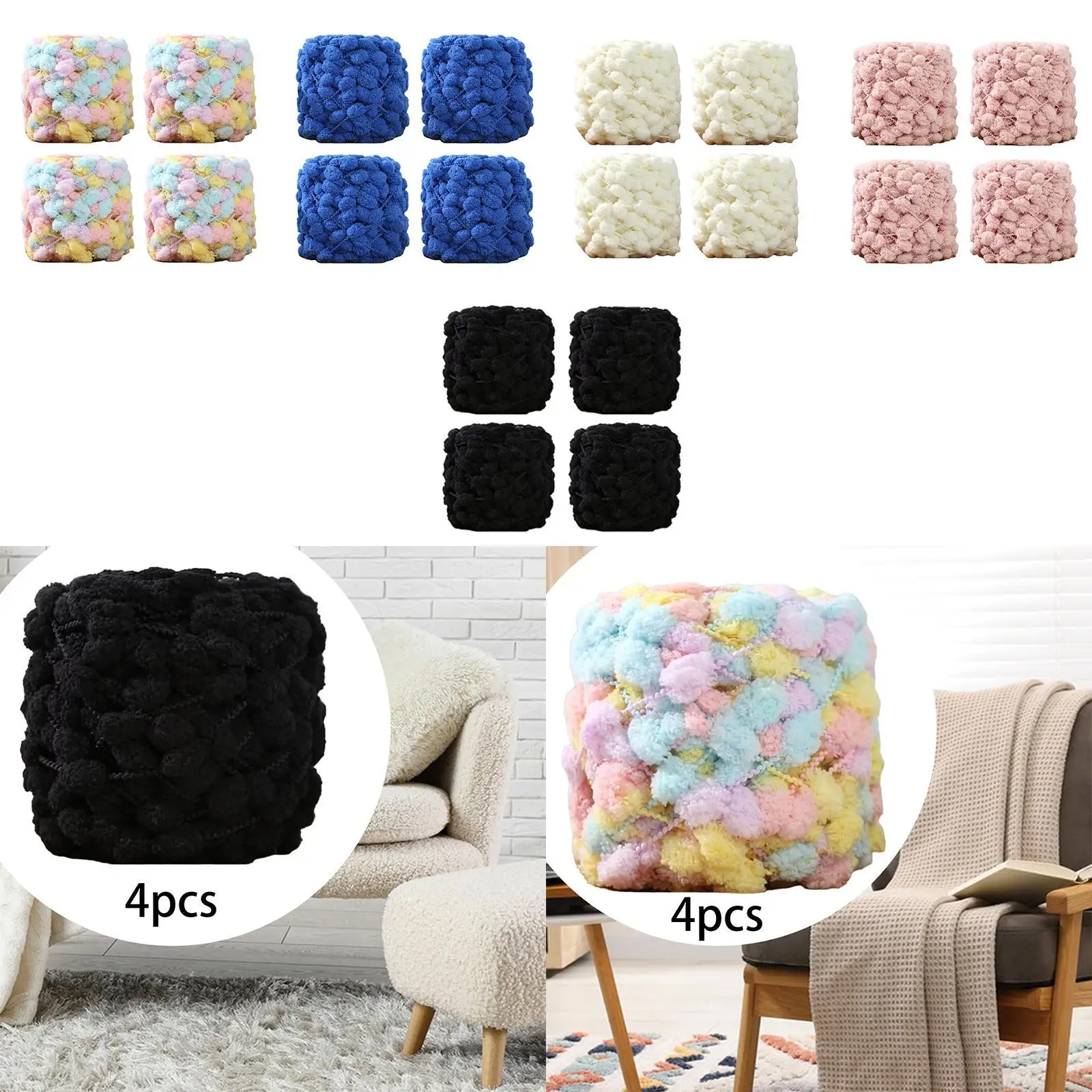 Pompom Chunky Yarn Arm Knitting Crocheting 4 Rolls for Pet Bed Tapestry DIY