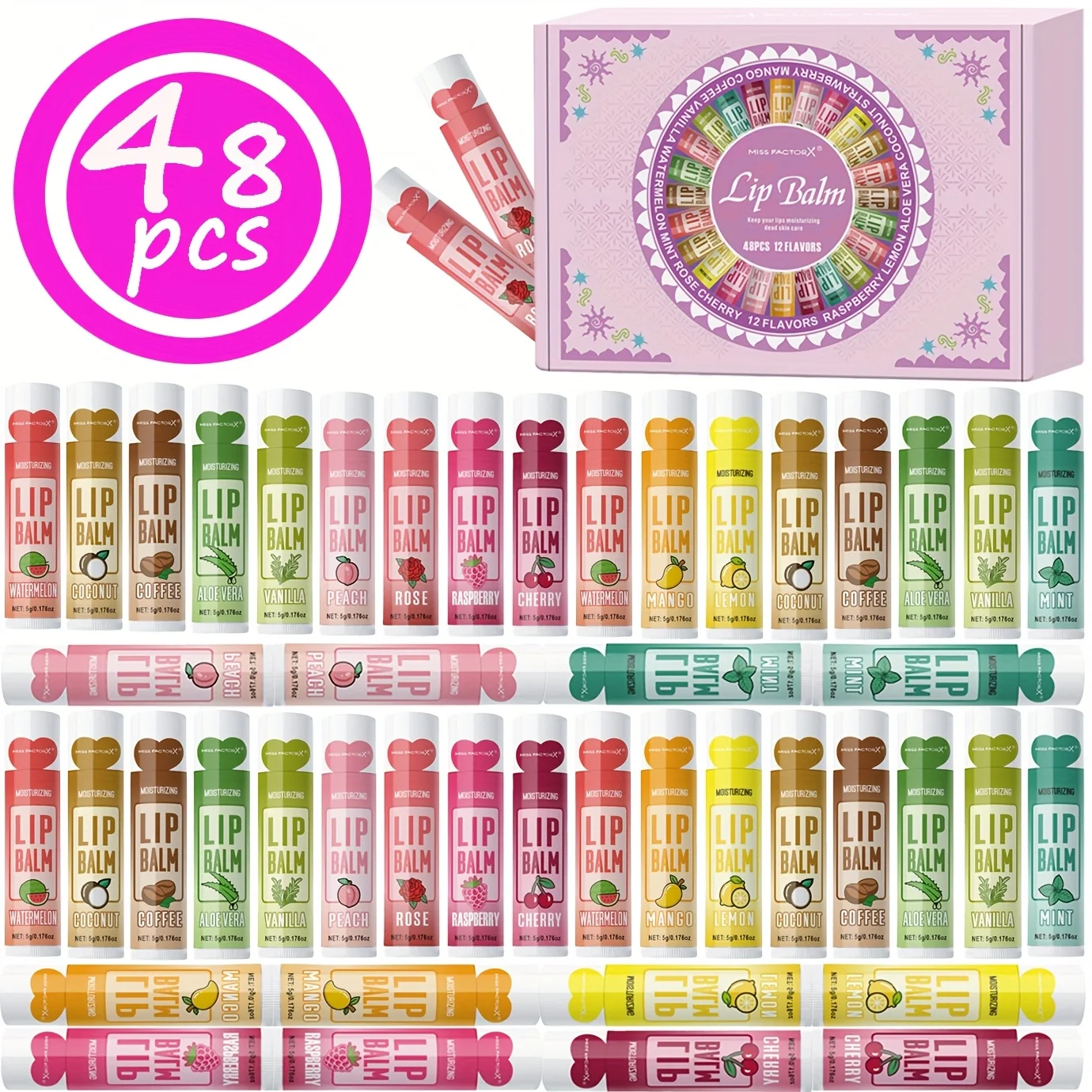 48PCS per Box Moisturizing Lip Balm Premium Gift Set 5g Long-Lasting Moisturizing Perfect Gift for Women