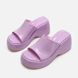 Platform Sandals Women Patent Leather Wedge Sandals Summer New Slippers Women Plus Size 43 High Heel Purple Chunky Flip-flops