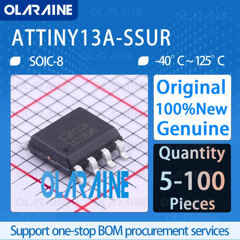 5/10/100Pcs New Original ATTINY13A-SSUR SOIC-8 Embedded Processors 8-bit Microcontrollers -MCU The clock frequency is 20MHz