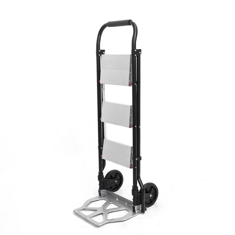 Dual Use Cart Ladder Folding Cargo Trolley Household Aluminum Alloy Ladder Load for Sturdy Steel Bracket Rubber Wheels