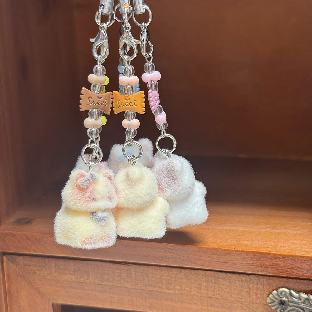 5pcs Colorful Flocked Candy Bead Cat Pendant Phone Charms, Backpack Schoolbag Headphone Case Decorative Accessories Friends Gift