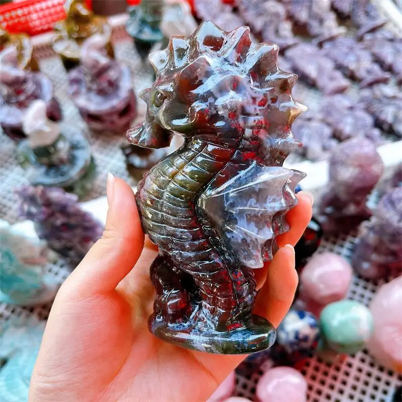 Natural Moss Agate Seahorse Carving Animal Ornaments Statue Gift Healing Gem Crafts For Home Decoration 1pcs