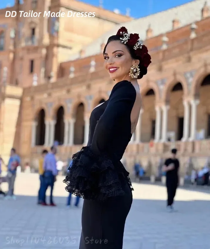 فستان حفلة موسيقية أسود فلامنكو إسباني أنيق حورية البحر بأكمام طويلة فستان سهرة لحفلات الراقصة الليلية حسب الطلب