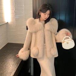 Winter Solid Fox Fur Collar Poncho Coat Luxury Warm Women Cashmere Jacket Cute Thick Female Lace up Parkas Wollen Overcoat  Chic