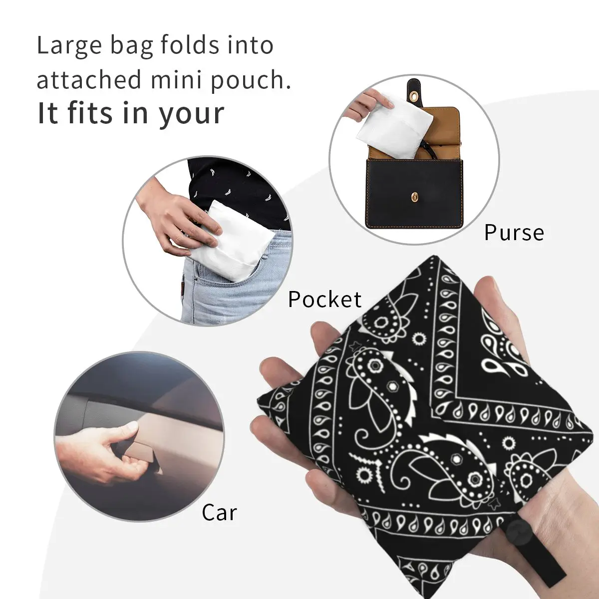 Funny Black Bandana Pattern Shopping Tote Bag Portable Paisley Style Groceries Shopper Shoulder Bag