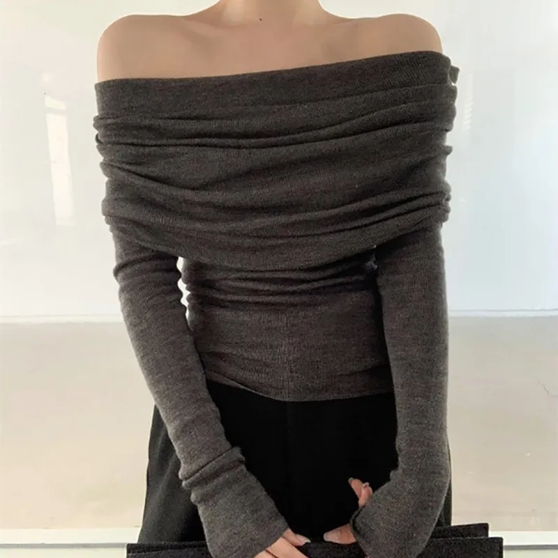 French Slash Neck Pullovers Women Tender Slim Design Hot Girls Sexy Off-shoulder Knitwear Fashion Solid All-match Casual Autumn