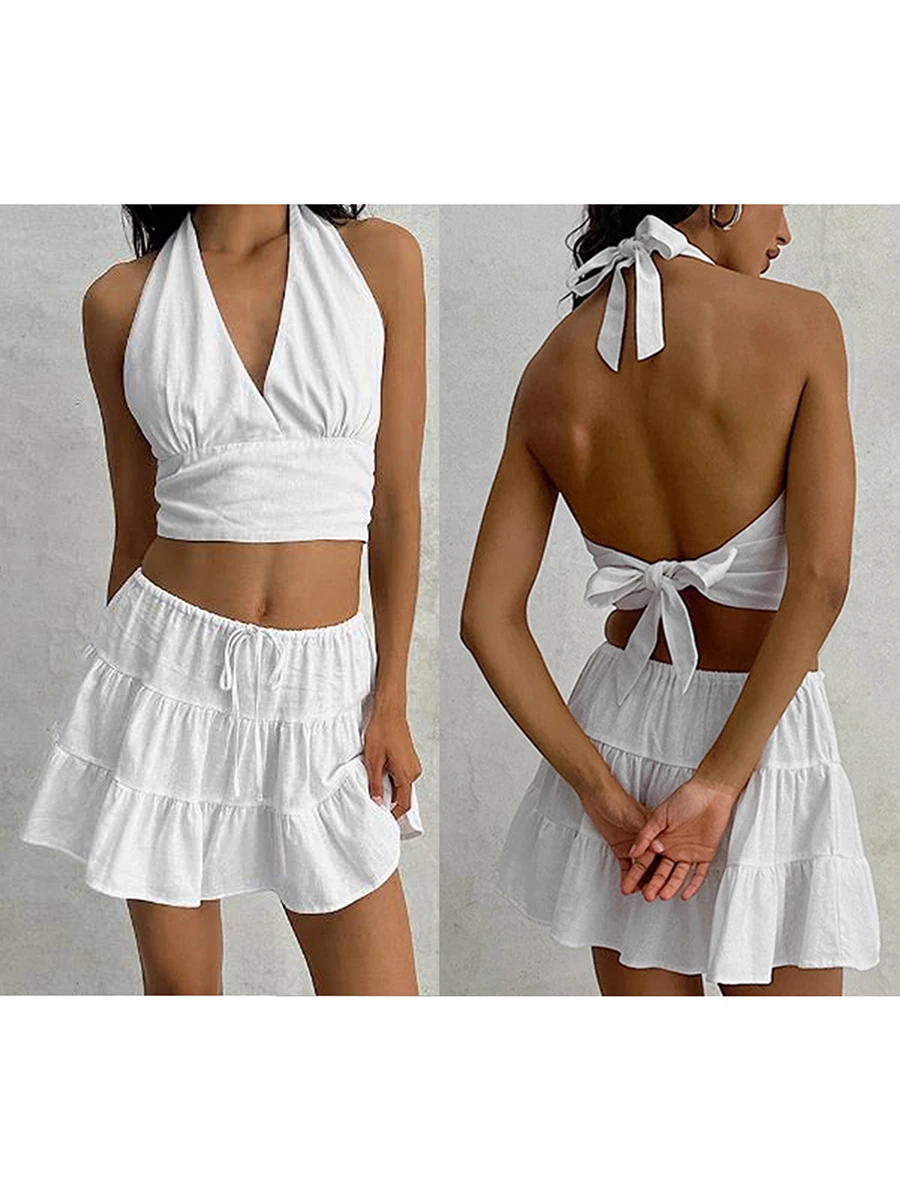 Women'S Two-Piece Suspender Collar Deep V-Neck Hanging Neck Ruffle Edge Backless Skirt Set White Vest Mini Drawstring Skirt Set