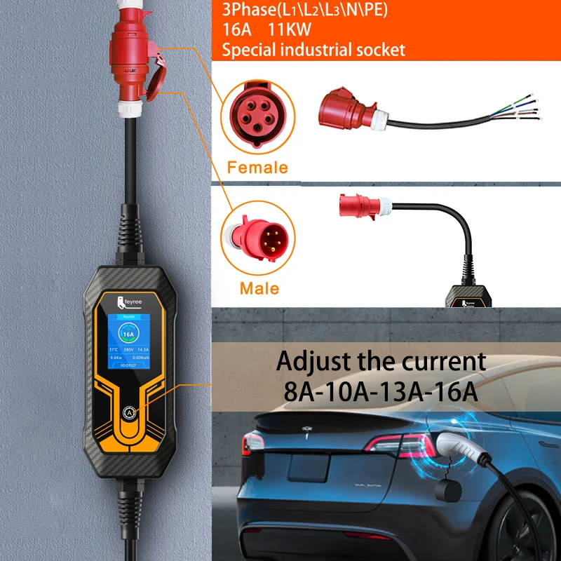 Feyree 11kw 16a 3 Fase Ev Draagbare Oplader 32a 7kw Type2 5M Kabel Evse Opladen Box Auto Oplader Cee Plug Voor Elektrische Voertuigen