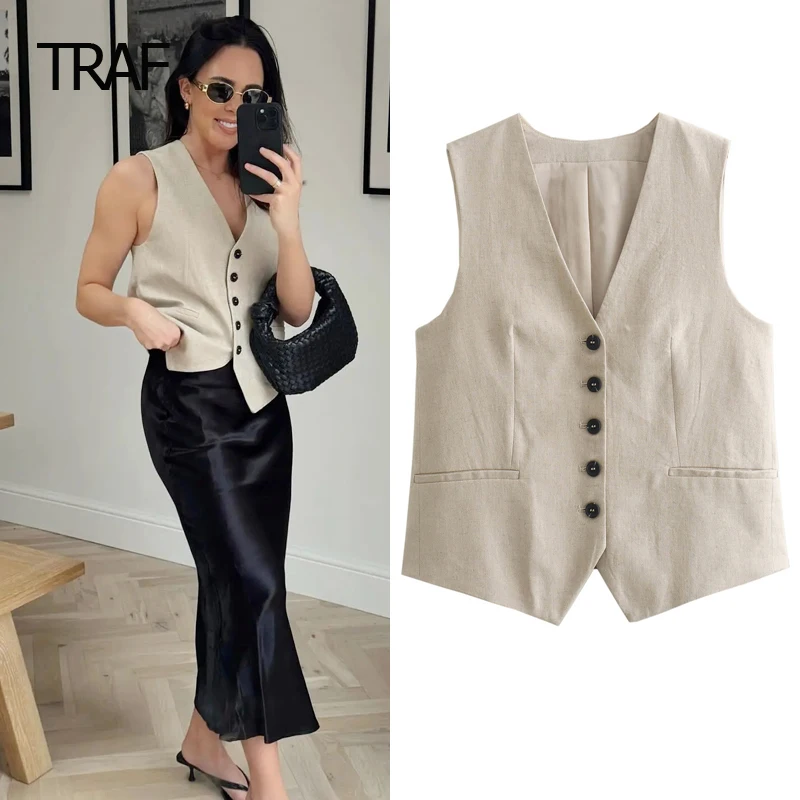 TRAF Women\'s Tailored Vest Spring Summer 2024 Crop Waistcoat V-Neck Sleeveless Working Vest New In Outerwears Lady Fashion Vests