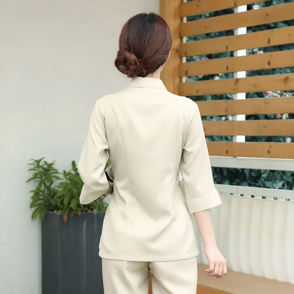 1 Zestaw Ubrań Kosmetycznej Dwuczęściowy Bawełniany Beżowy Strój Roboczy Dekolt V Oddychający Wygodny Letni