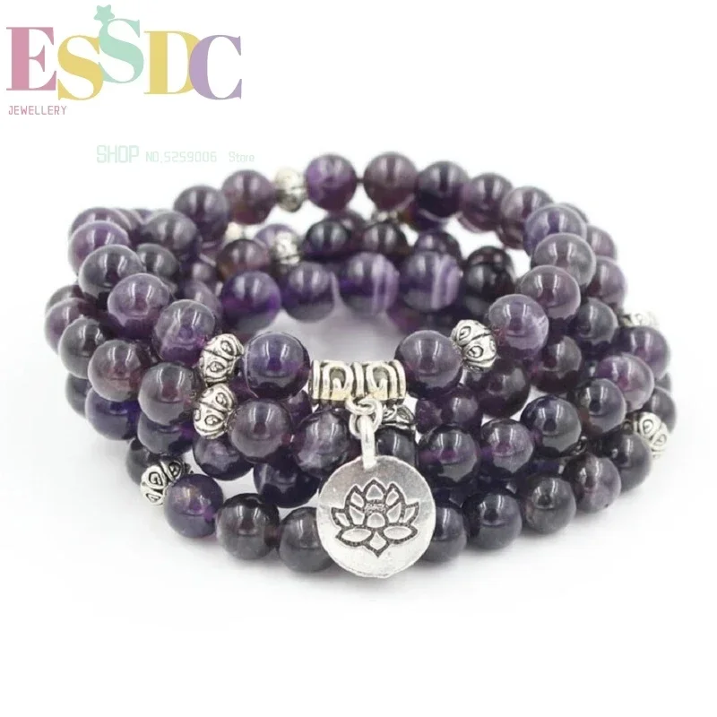 High Quality 8mm Natural Purple Crystal Stone with Lotus 3D Pendant Energy 108 Mala Bracelet or Necklace Yoga Jewelry Wholesale