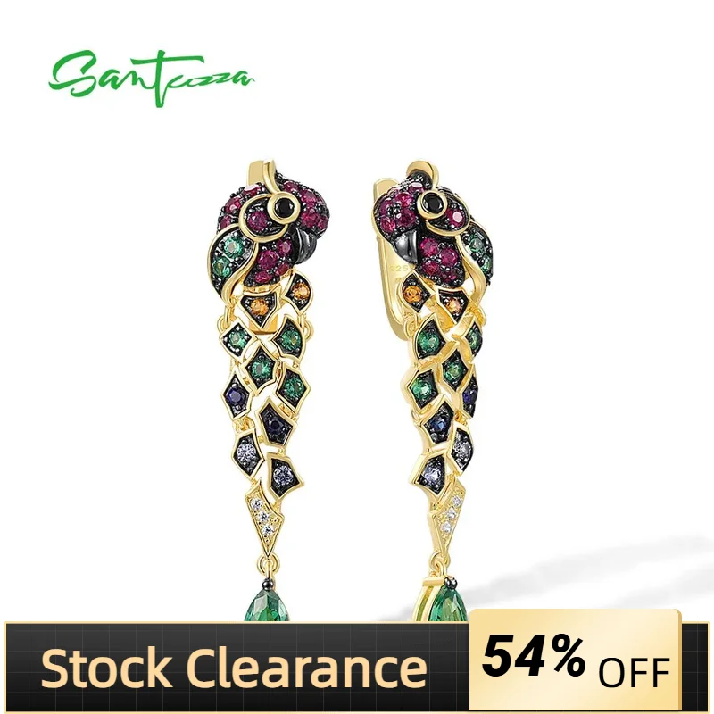 

SANTUZZA серьги-капли из чистого серебра 925 пробы для женщин, золотой цвет, зеленая шпинель, красочные серьги с попугаем, птицей, дикими животными, ювелирные украшения