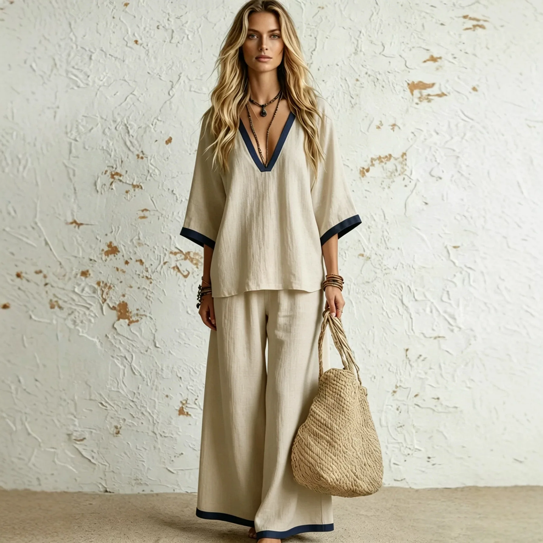 Greenora LN1984 European And American Cross-border Set Cotton Washing Water Wrinkled Linen V-neck Shirt Loose Wide-leg Pants Two