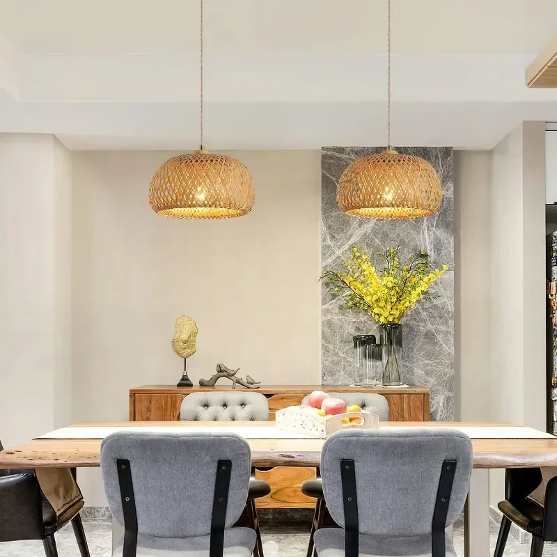 

​Boho Farmhouse Woven Pendant Light – Bamboo Lamp for Kitchen Sink, Bar Counter & Bedroom