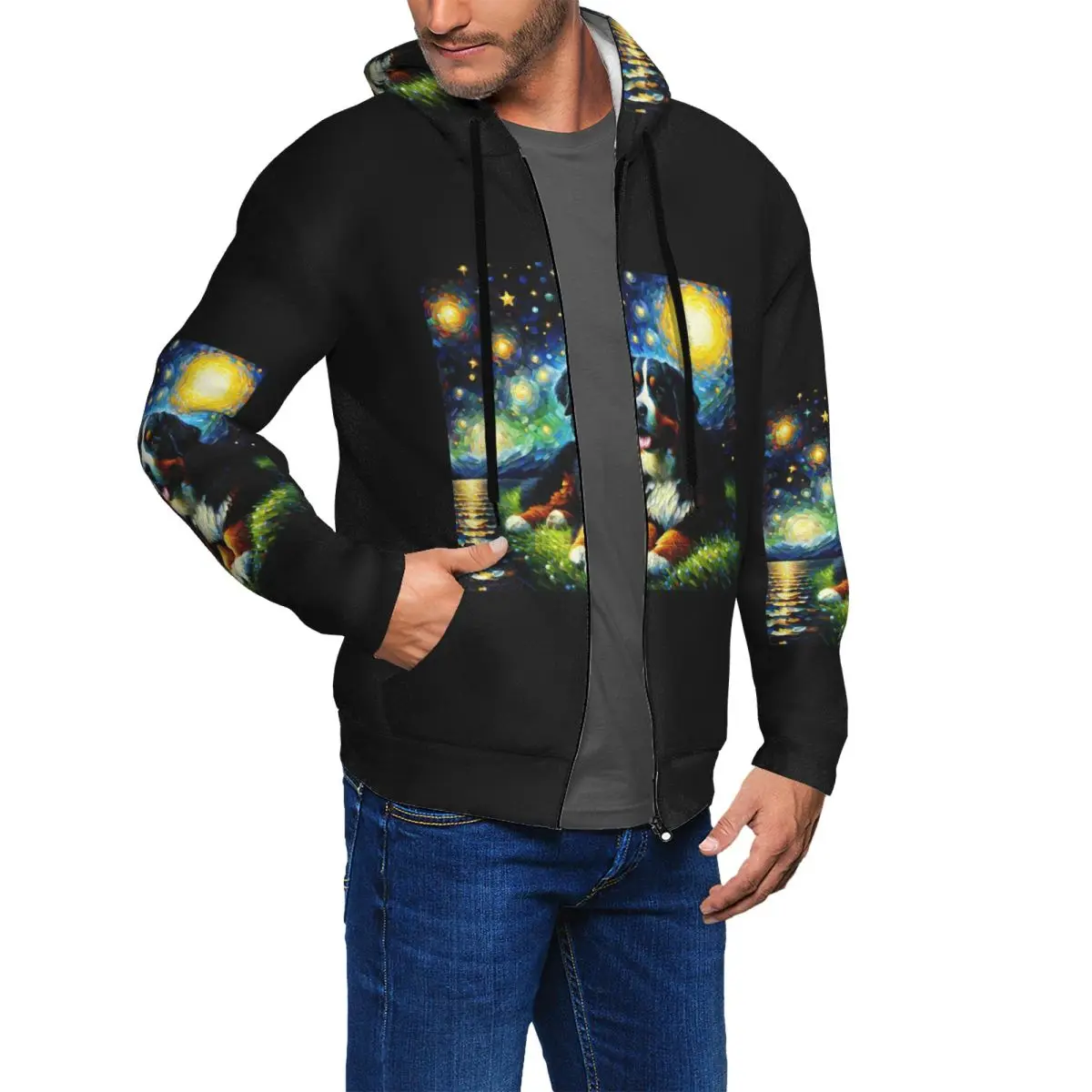 Starry Night Bernese Mountain Dog Van Gogh Lover Zipper Hoodie Pullover Autumn Winter Men's Women's Sweatshirts Long Sleeve Tops