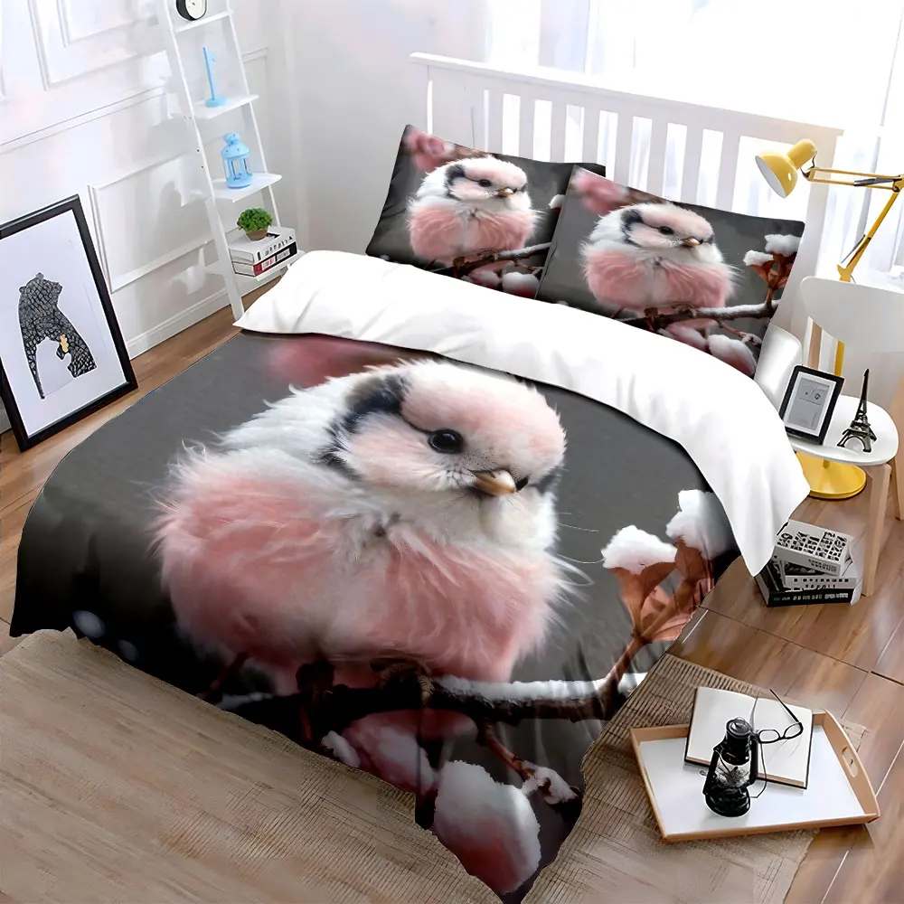3Pcs Fluffy Pink Baby Bird Snowy Cherry Branch Duvet Cover Set, Realistic Winter Animal Bedding Single Double King Queen,Gift