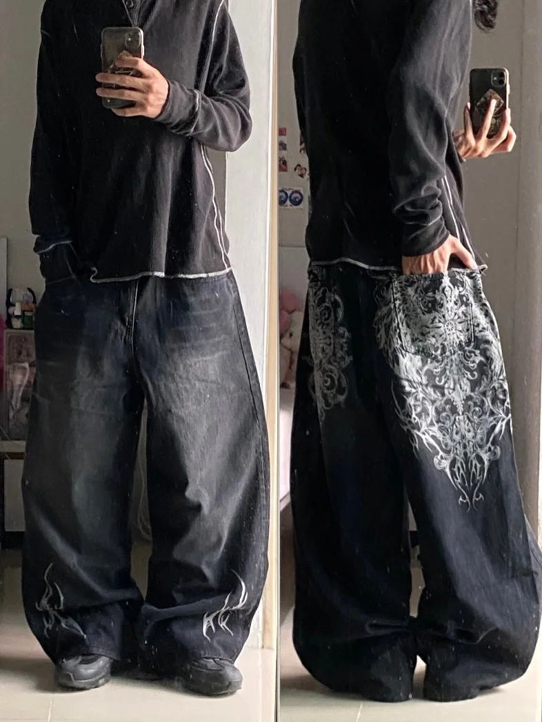 

Korean Fashion black thorn Printing baggy jeans harajuku trend brand men women street hip hop casual couple Wide-leg pants