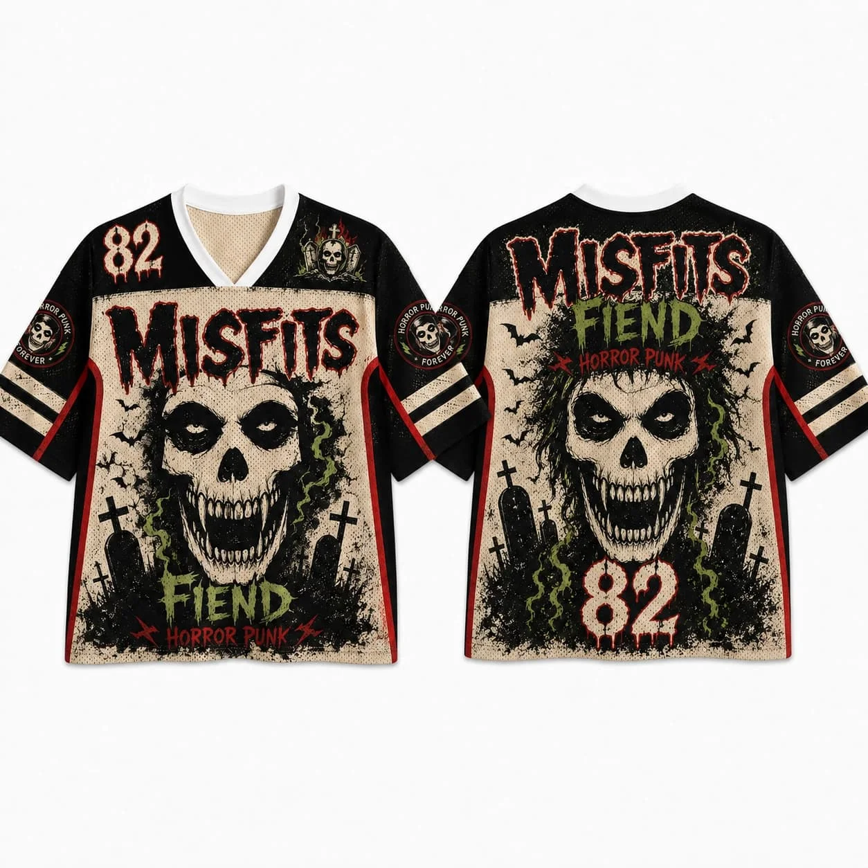 Misfits Horror Punk Skull Print Baseball Jersey T‑Shirt Short Sleeve Fiend 82 Graphic Tee Retro Rock Fan Tops Family Matching