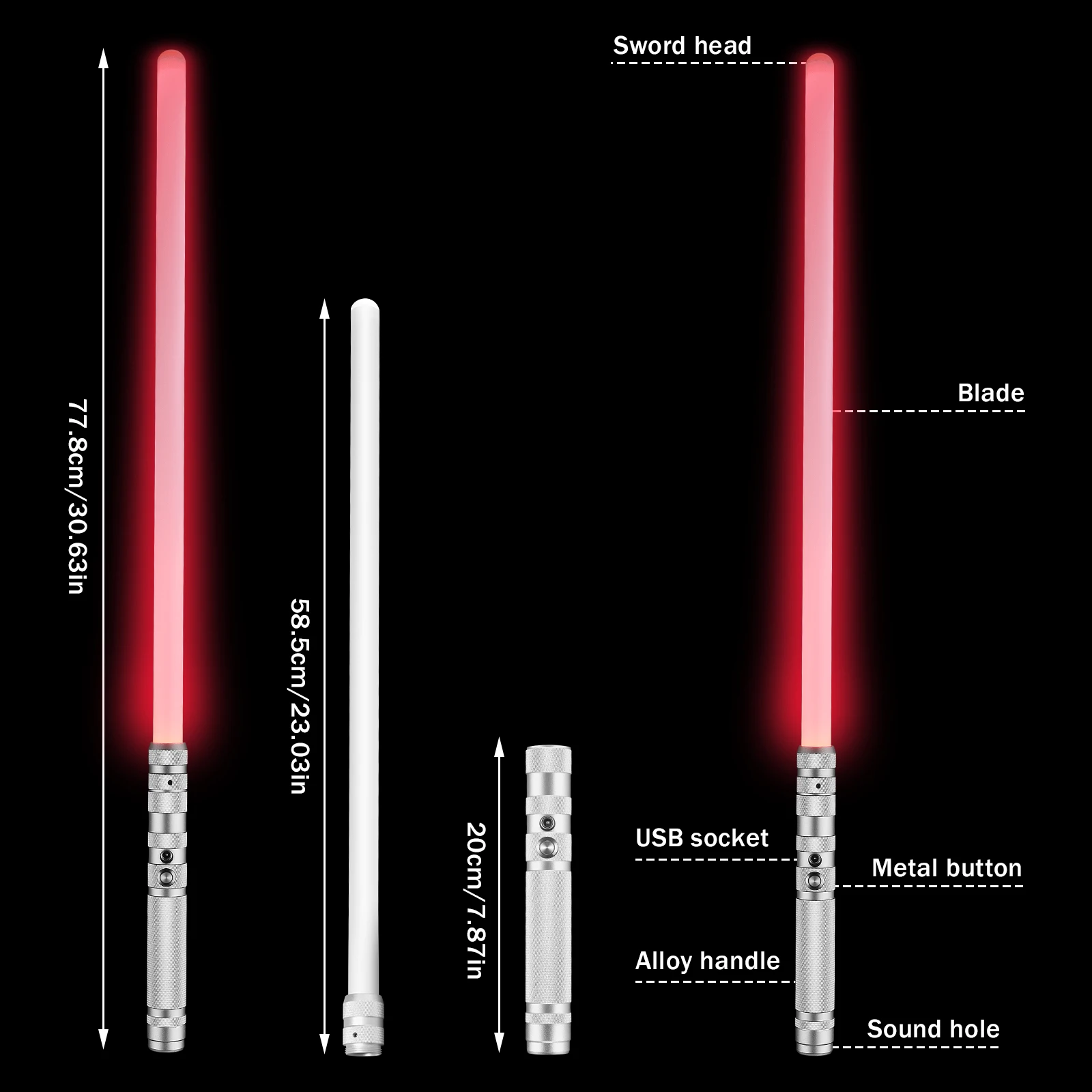 WANARICO USB Lade RGB Lichtschwert Metall Griff 7-Farbe Variable Mit Schlagen Sound Wirkung FX Duel Lichtschwert Metel Griff LED
