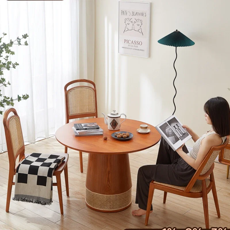 Nordic and Japanese Style Solid Wood Rattan round Table Dining-Table Chair Combination