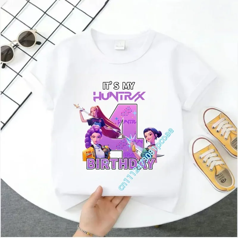 New K Pop Demon Huntersd T-shirt for Children Cartoon Birthday Number Printed T Shirts Girls Short Sleeves Tops Kids Clothing