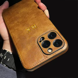 Funda completa de cuero clásica de lujo para iPhone 15, 14, 13, 12, 11 Pro Max, iniciales de nombre personalizadas, cubierta grabada DIY 15