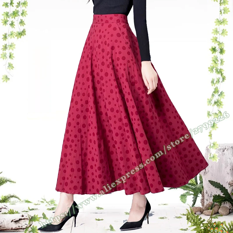 

2024 Retro vintage Red Green Dots Cotton Linen Women's long skirt plus size maxi skirts for women 4xl 5xl 6xl skirts womens 2024