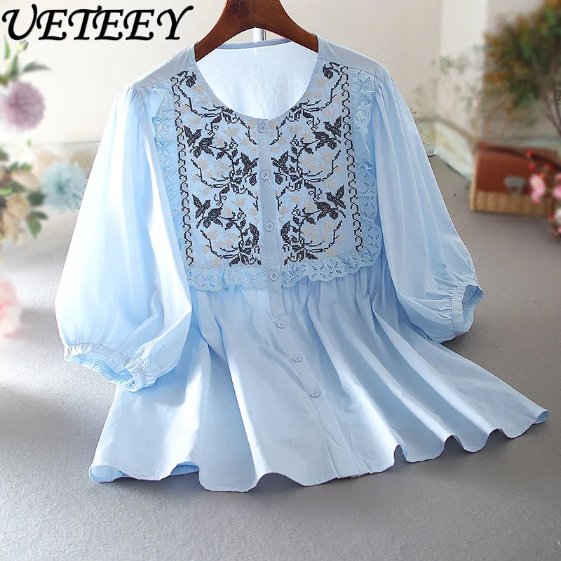 

Summer Vintage Ruffled Lantern Sleeve Artistic Style Shirt Loose Oversize Slimming Fresh Laid-Back Women's Crew Neck Top