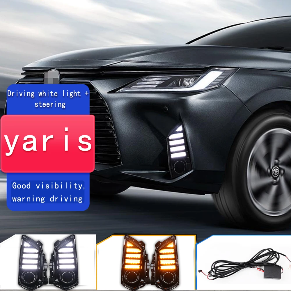 2PCS LED Daytime Running Light For Toyota Yaris Ativ Vios 2022 2023 Dynamic Turn Yellow Signal Relay Car 12V LED DRL Day Light