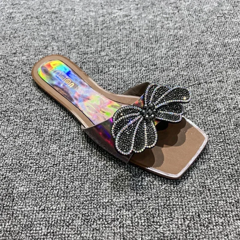 Sandalias planas con diamantes de imitación para Mujer, chanclas de punta cuadrada, zapatos de fiesta ostentosos, 2024